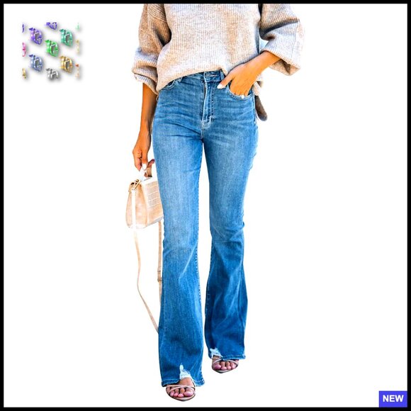 Denim - Flare Bell Bottom Jeans High Waisted Wide Leg Bootcut Stretchy Distressed Denim